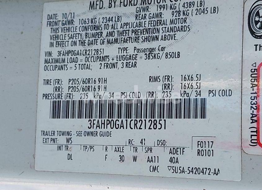 Photo 9 of 2012 Ford Fusion S (VIN 3FAHP0GA1CR212851)