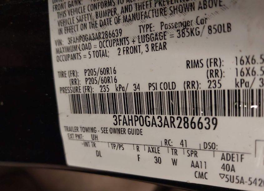 Photo 9 of 2010 Ford Fusion S (VIN 3FAHP0GA3AR286639)