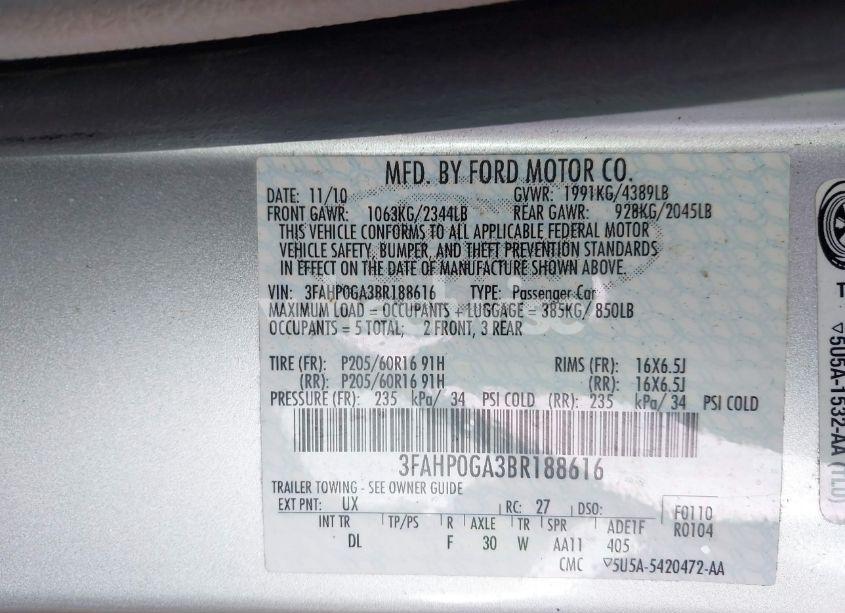 Photo 9 of 2011 Ford Fusion S (VIN 3FAHP0GA3BR188616)