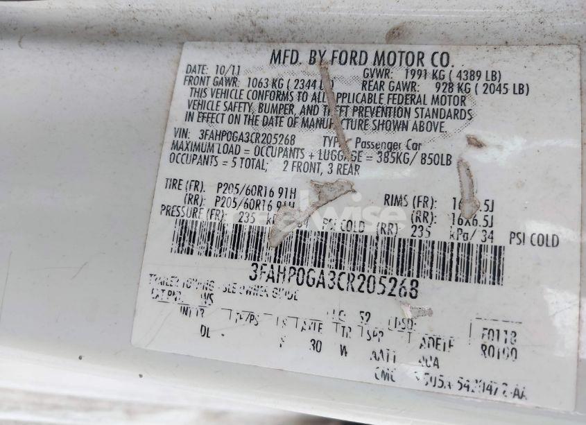 Photo 9 of 2012 Ford Fusion S (VIN 3FAHP0GA3CR205268)