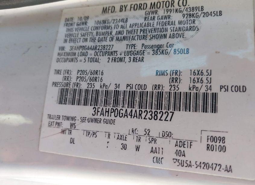 Photo 9 of 2010 Ford Fusion S (VIN 3FAHP0GA4AR238227)