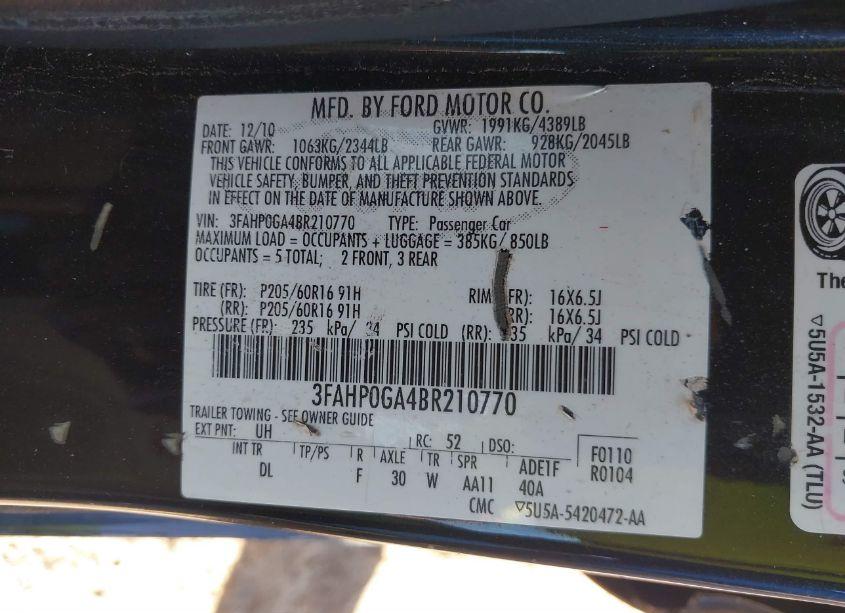 Photo 9 of 2011 Ford Fusion S (VIN 3FAHP0GA4BR210770)