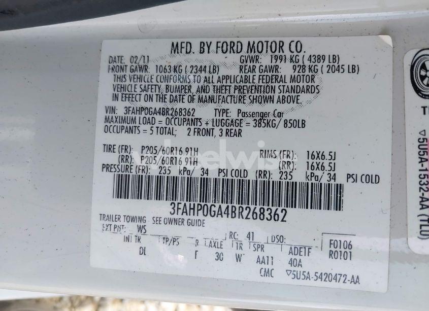 Photo 9 of 2011 Ford Fusion S (VIN 3FAHP0GA4BR268362)