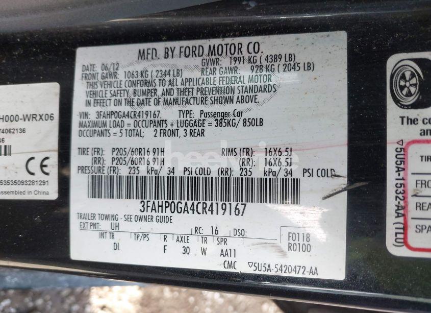 Photo 9 of 2012 Ford Fusion S (VIN 3FAHP0GA4CR419167)