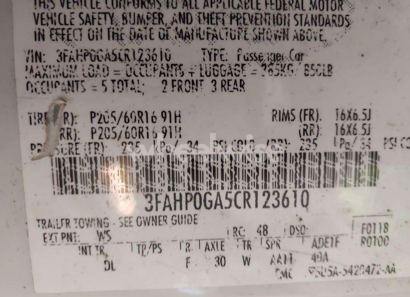 Photo 9 of 2012 Ford Fusion S (VIN 3FAHP0GA5CR123610)