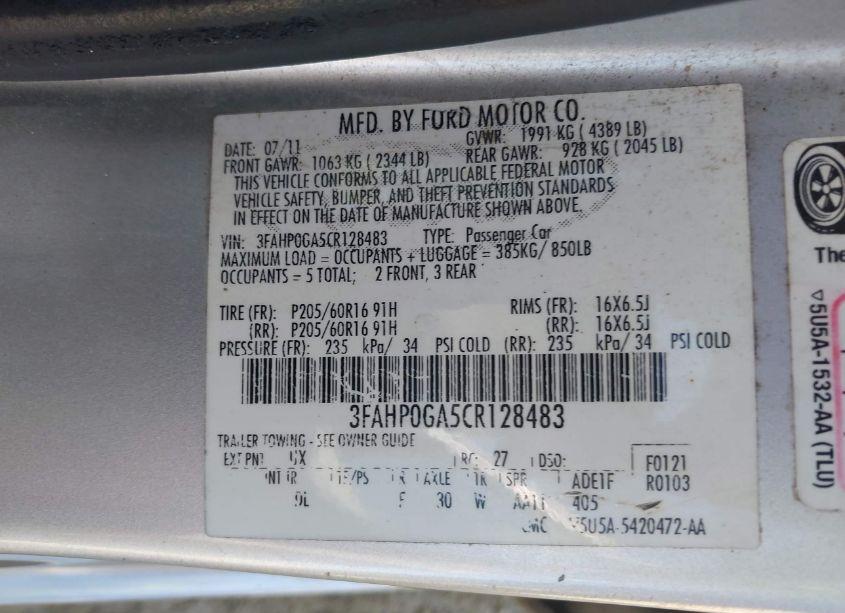 Photo 9 of 2012 Ford Fusion S (VIN 3FAHP0GA5CR128483)