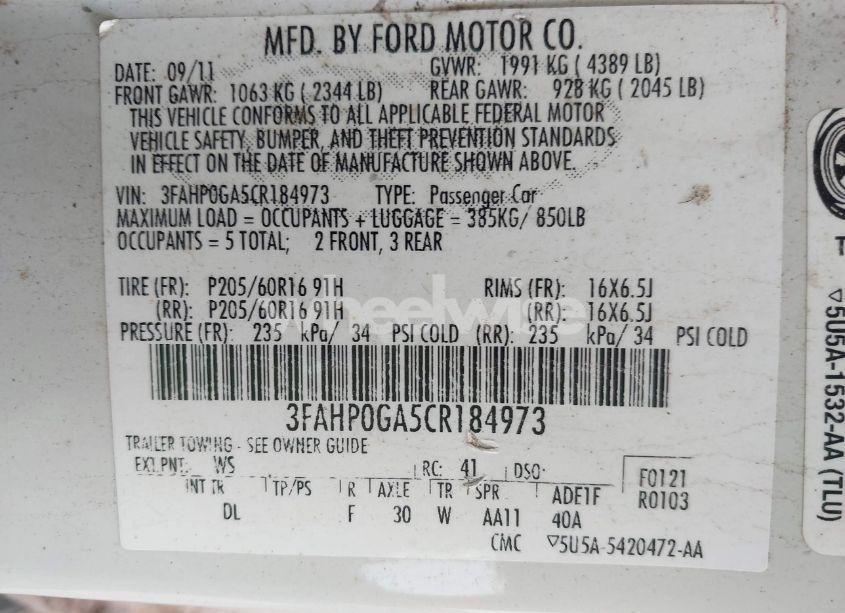 Photo 9 of 2012 Ford Fusion S (VIN 3FAHP0GA5CR184973)
