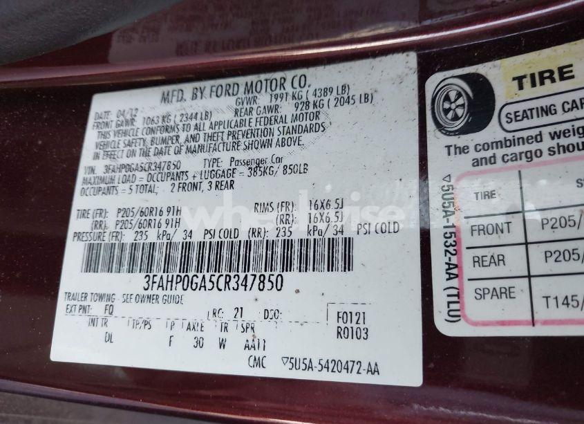 Photo 9 of 2012 Ford Fusion S (VIN 3FAHP0GA5CR347850)