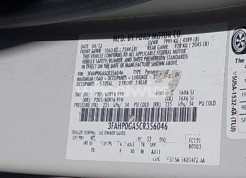 Photo 9 of 2012 Ford Fusion S (VIN 3FAHP0GA5CR356046)