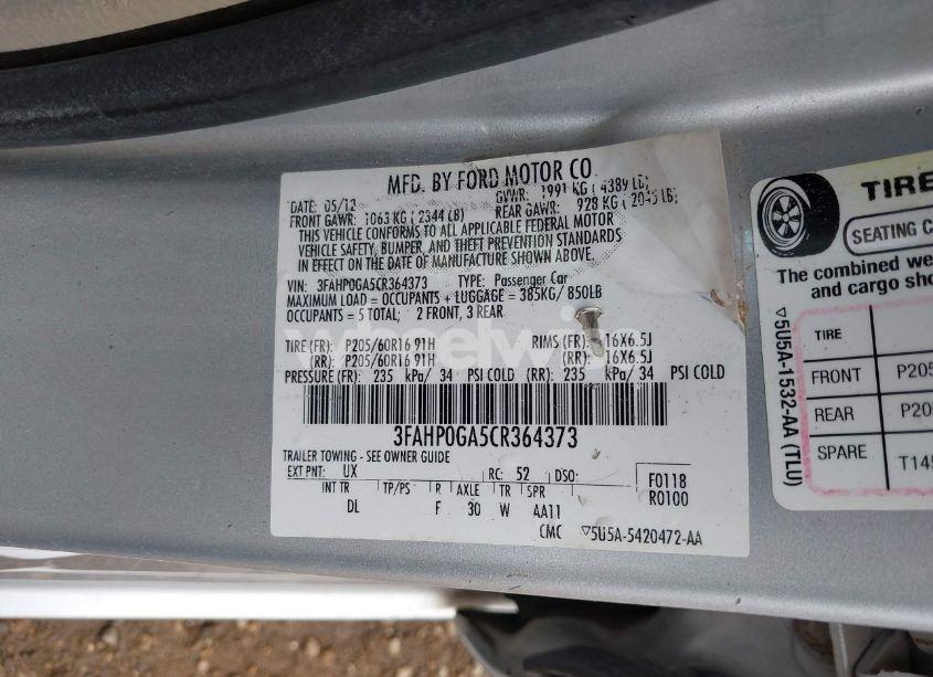 Photo 9 of 2012 Ford Fusion S (VIN 3FAHP0GA5CR364373)