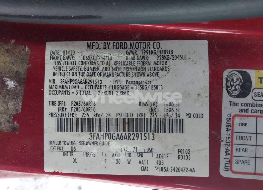 Photo 9 of 2010 Ford Fusion S (VIN 3FAHP0GA6AR291513)