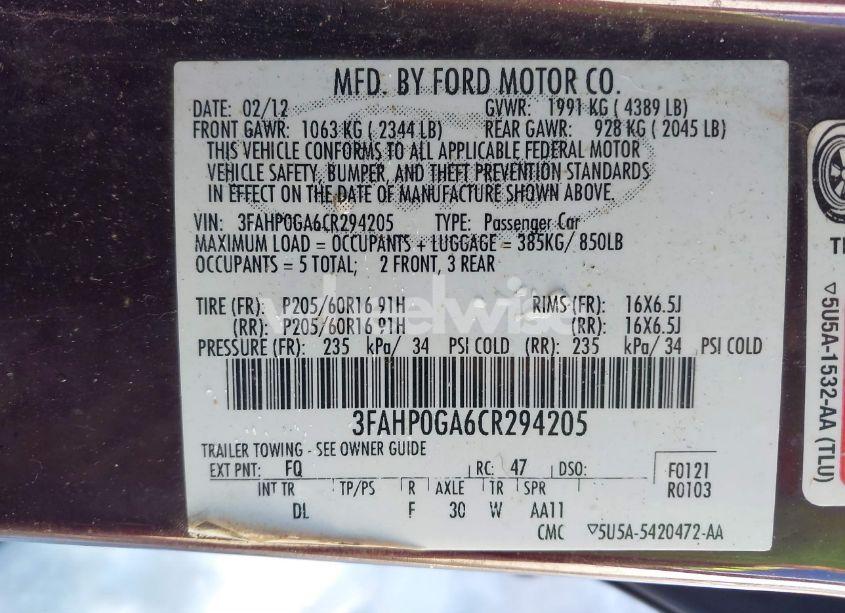 Photo 9 of 2012 Ford Fusion S (VIN 3FAHP0GA6CR294205)