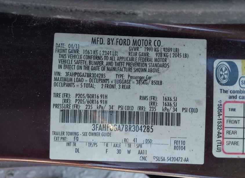 Photo 9 of 2011 Ford Fusion S (VIN 3FAHP0GA7BR304285)