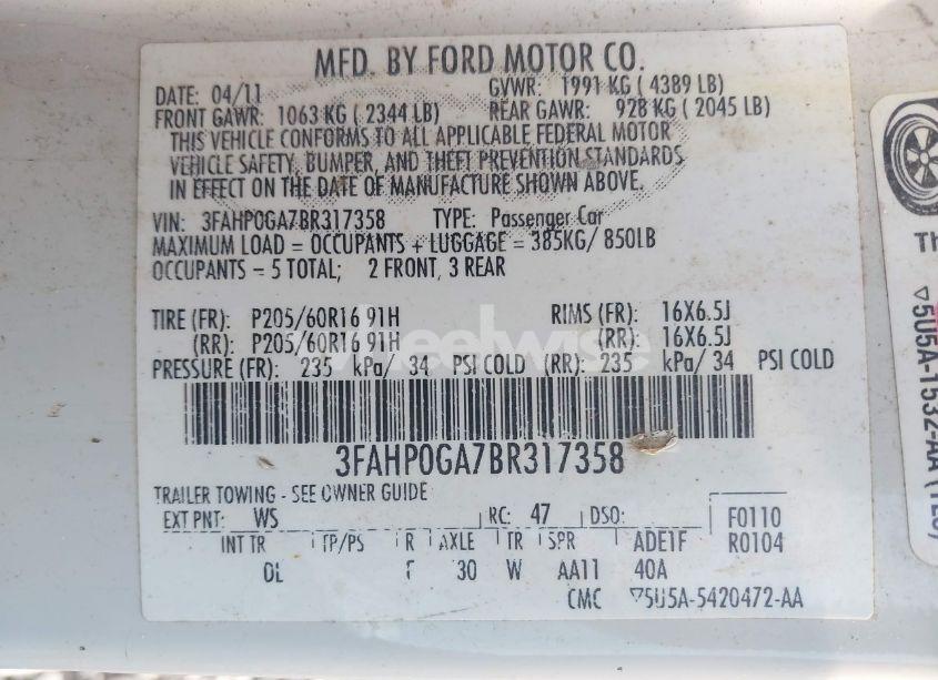 Photo 9 of 2011 Ford Fusion S (VIN 3FAHP0GA7BR317358)