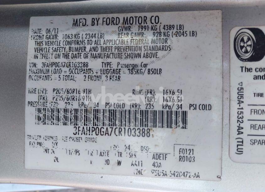 Photo 9 of 2012 Ford Fusion S (VIN 3FAHP0GA7CR103388)