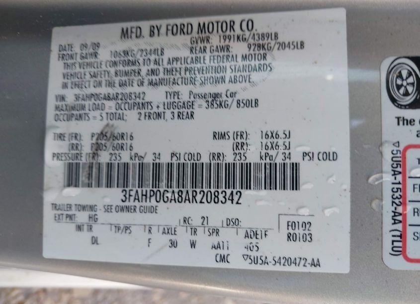 Photo 9 of 2010 Ford Fusion S (VIN 3FAHP0GA8AR208342)