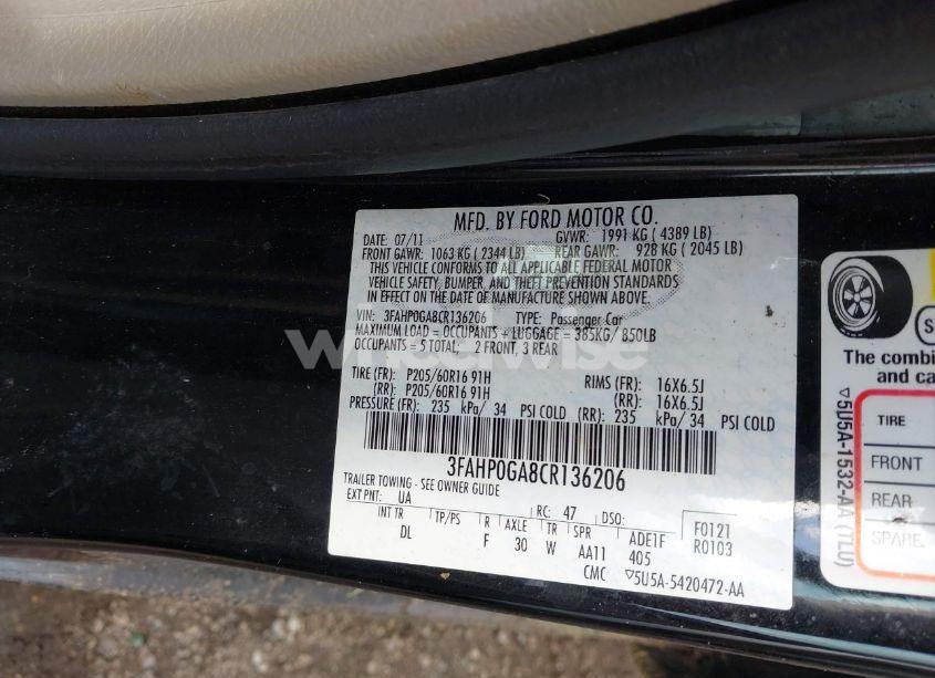 Photo 9 of 2012 Ford Fusion S (VIN 3FAHP0GA8CR136206)