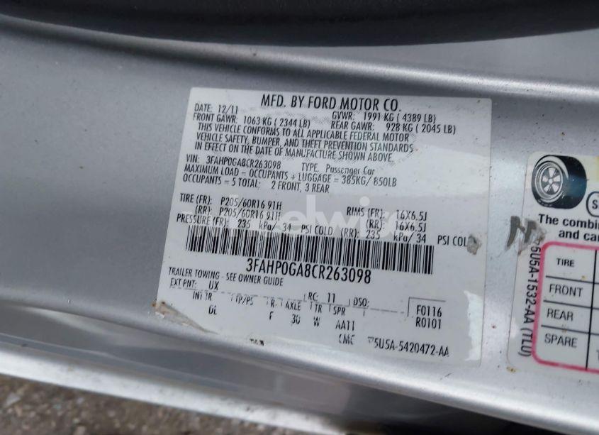 Photo 9 of 2012 Ford Fusion S (VIN 3FAHP0GA8CR263098)