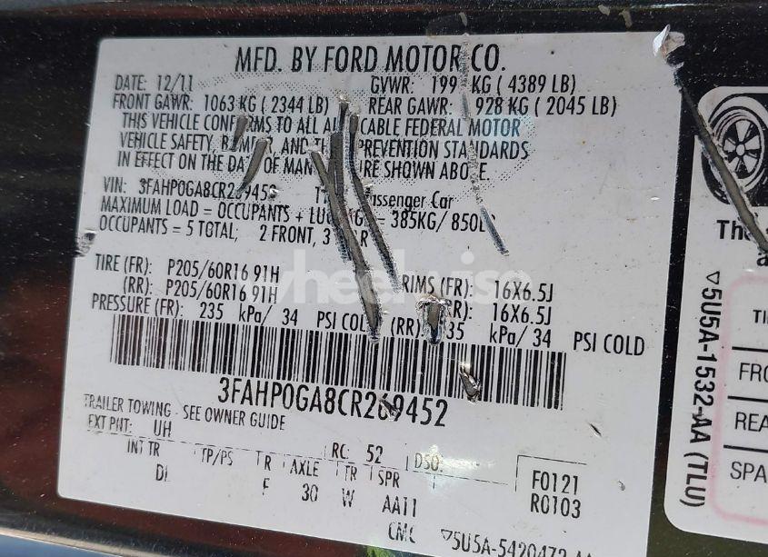 Photo 9 of 2012 Ford Fusion S (VIN 3FAHP0GA8CR269452)