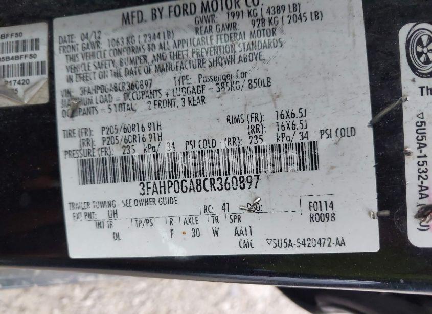 Photo 9 of 2012 Ford Fusion S (VIN 3FAHP0GA8CR360897)