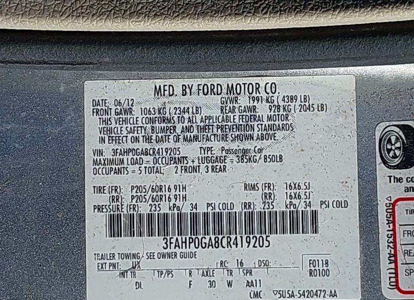 Photo 9 of 2012 Ford Fusion S (VIN 3FAHP0GA8CR419205)