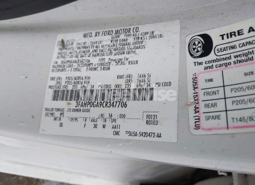 Photo 9 of 2012 Ford Fusion S (VIN 3FAHP0GA9CR347706)