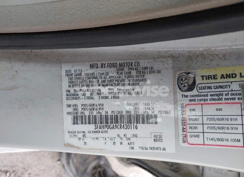 Photo 9 of 2012 Ford Fusion S (VIN 3FAHP0GA9CR430116)