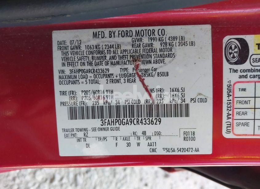 Photo 9 of 2012 Ford Fusion S (VIN 3FAHP0GA9CR433629)