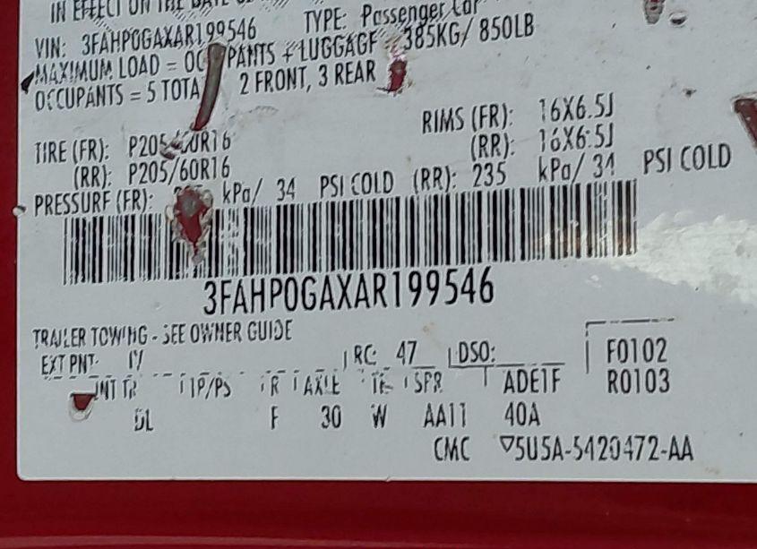 Photo 9 of 2010 Ford Fusion S (VIN 3FAHP0GAXAR199546)