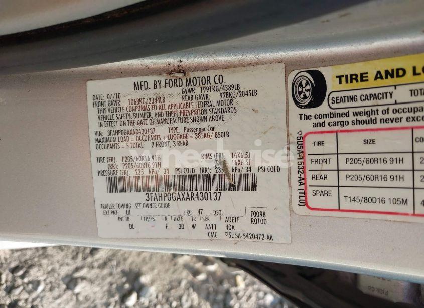 Photo 9 of 2010 Ford Fusion S (VIN 3FAHP0GAXAR430137)