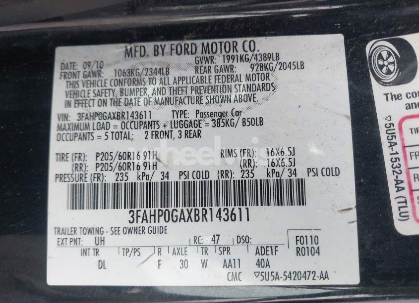 Photo 9 of 2011 Ford Fusion S (VIN 3FAHP0GAXBR143611)