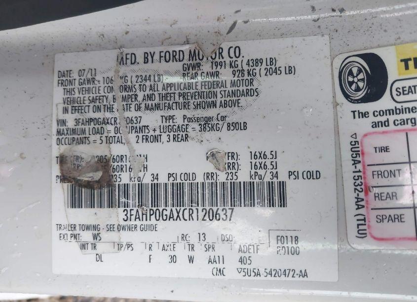 Photo 9 of 2012 Ford Fusion S (VIN 3FAHP0GAXCR120637)