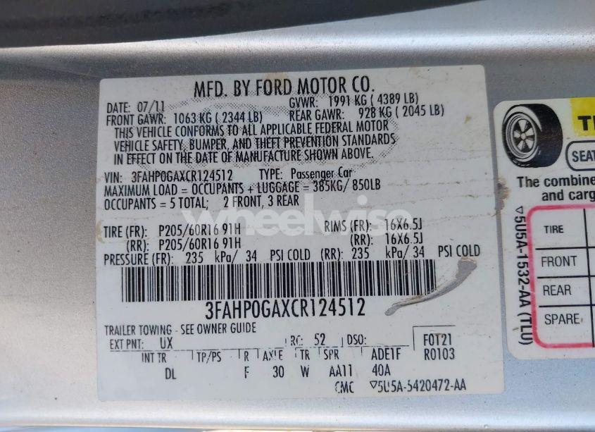 Photo 9 of 2012 Ford Fusion S (VIN 3FAHP0GAXCR124512)