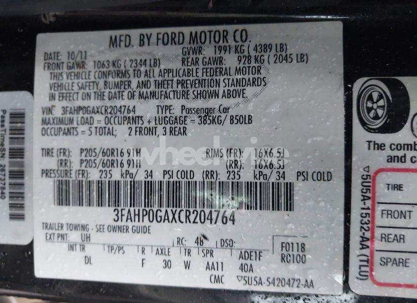 Photo 9 of 2012 Ford Fusion S (VIN 3FAHP0GAXCR204764)