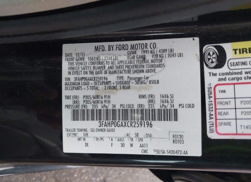 Photo 9 of 2012 Ford Fusion S (VIN 3FAHP0GAXCR259196)