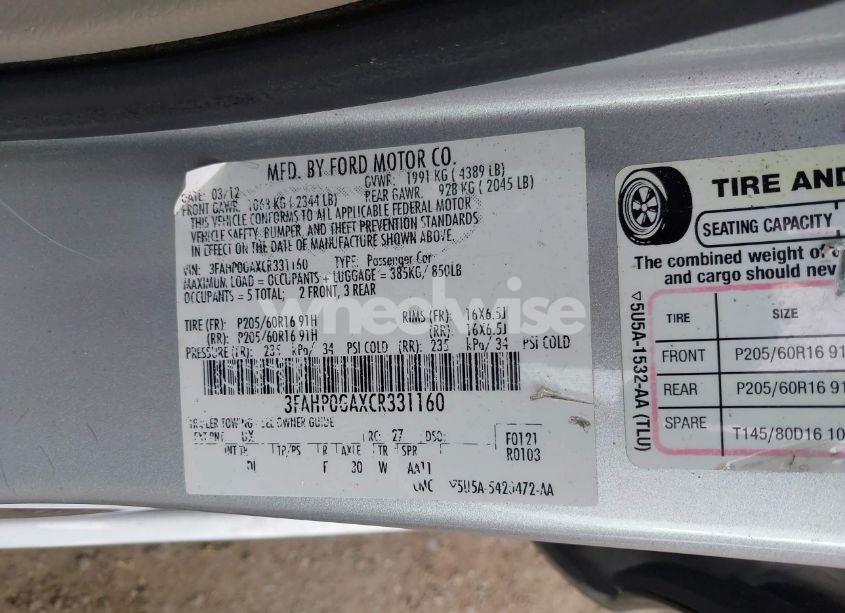 Photo 9 of 2012 Ford Fusion S (VIN 3FAHP0GAXCR331160)