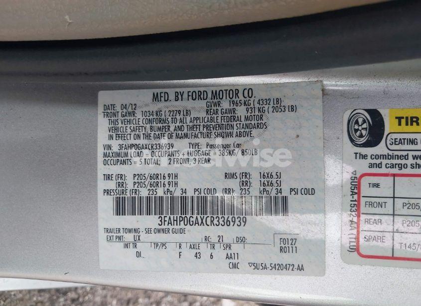 Photo 9 of 2012 Ford Fusion S (VIN 3FAHP0GAXCR336939)