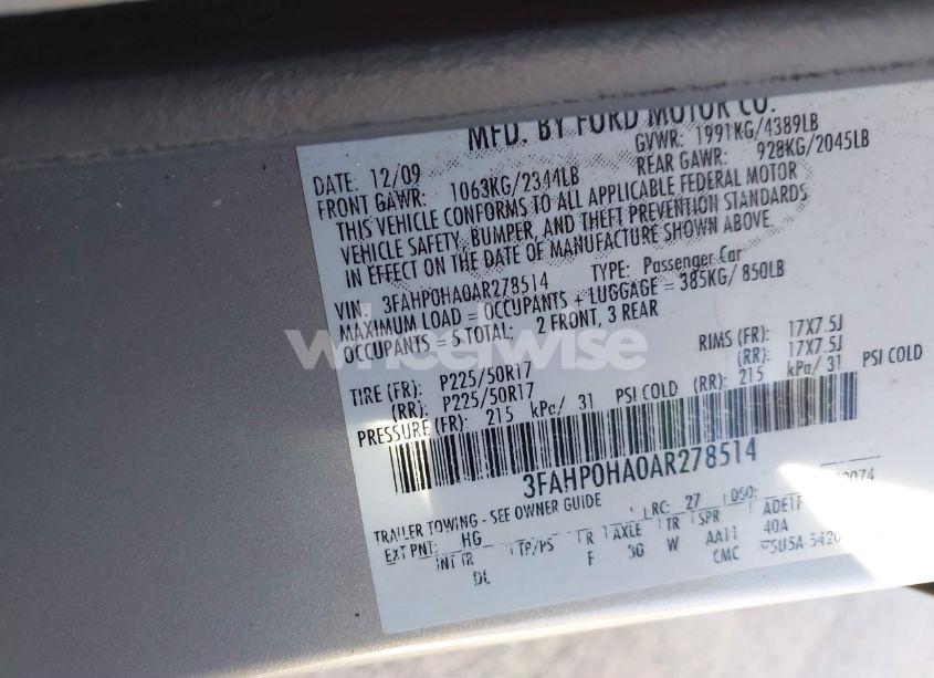 Photo 9 of 2010 Ford Fusion SE (VIN 3FAHP0HA0AR278514)