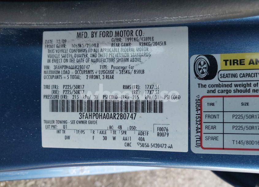 Photo 9 of 2010 Ford Fusion SE (VIN 3FAHP0HA0AR280747)