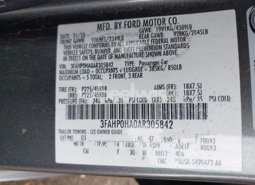 Photo 9 of 2010 Ford Fusion SE (VIN 3FAHP0HA0AR305842)