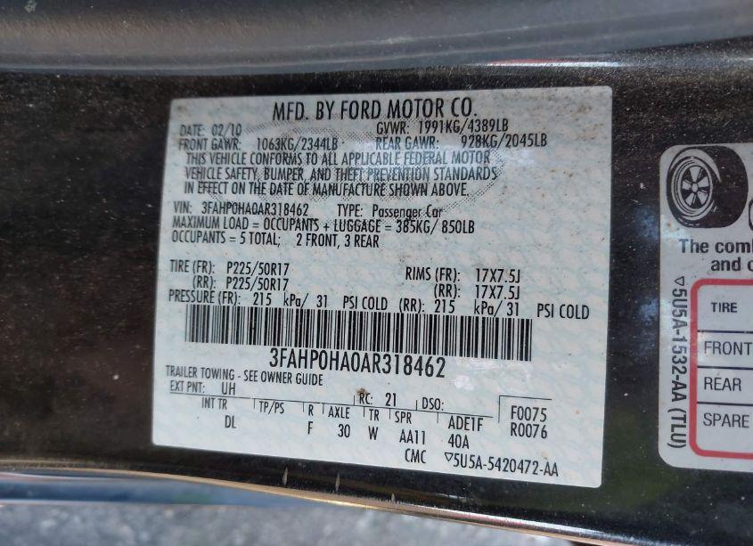 Photo 9 of 2010 Ford Fusion SE (VIN 3FAHP0HA0AR318462)