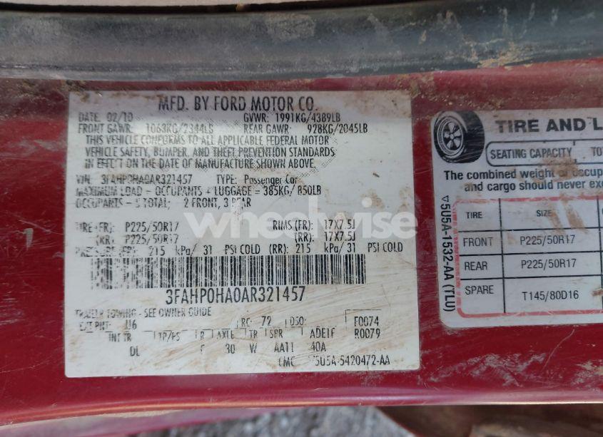 Photo 9 of 2010 Ford Fusion SE (VIN 3FAHP0HA0AR321457)