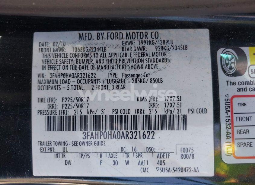 Photo 9 of 2010 Ford Fusion SE (VIN 3FAHP0HA0AR321622)