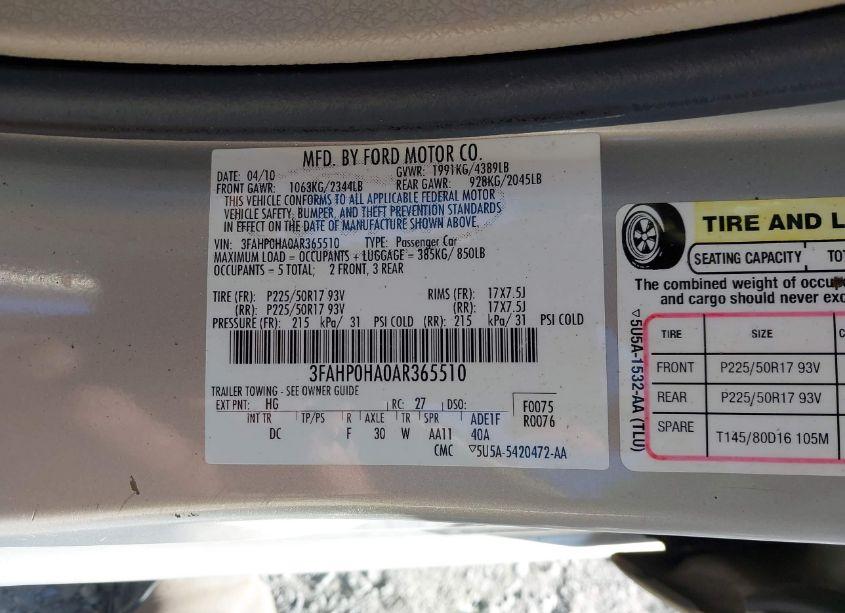 Photo 9 of 2010 Ford Fusion SE (VIN 3FAHP0HA0AR365510)
