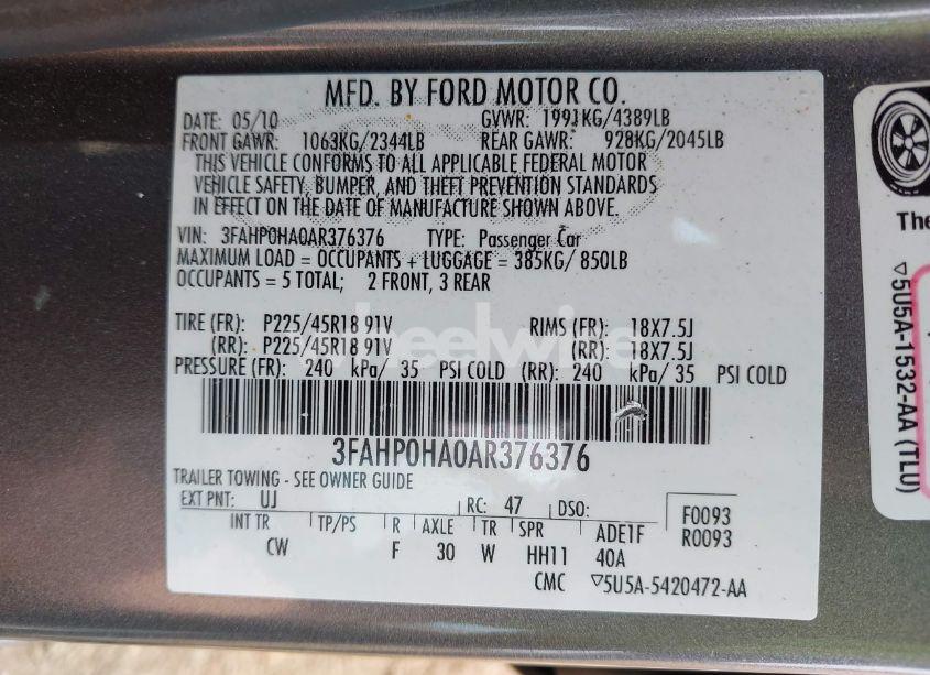 Photo 9 of 2010 Ford Fusion SE (VIN 3FAHP0HA0AR376376)