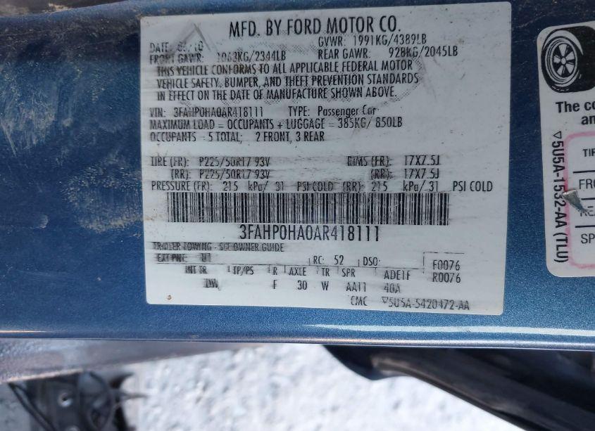 Photo 9 of 2010 Ford Fusion SE (VIN 3FAHP0HA0AR418111)
