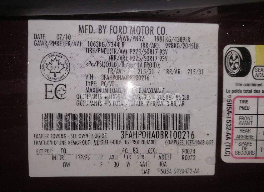 Photo 9 of 2011 Ford Fusion SE (VIN 3FAHP0HA0BR100216)