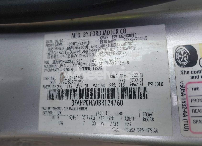 Photo 9 of 2011 Ford Fusion SE (VIN 3FAHP0HA0BR124760)