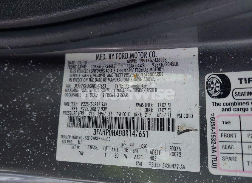 Photo 9 of 2011 Ford Fusion SE (VIN 3FAHP0HA0BR147651)