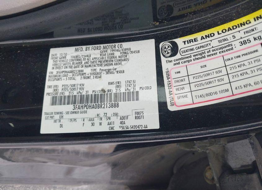 Photo 9 of 2011 Ford Fusion SE (VIN 3FAHP0HA0BR213888)